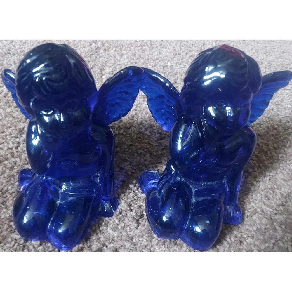 Vintage 1980's Depression Era Colbalt Blue Glass Angel Candle‎ Holders 5" Tall 2